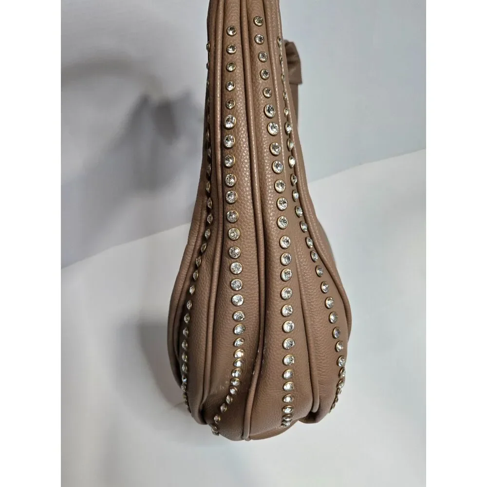 Rhinestone Pebble Grain Slouchy Hobo Bag | Large Shoulder Purse | Taupe Brown